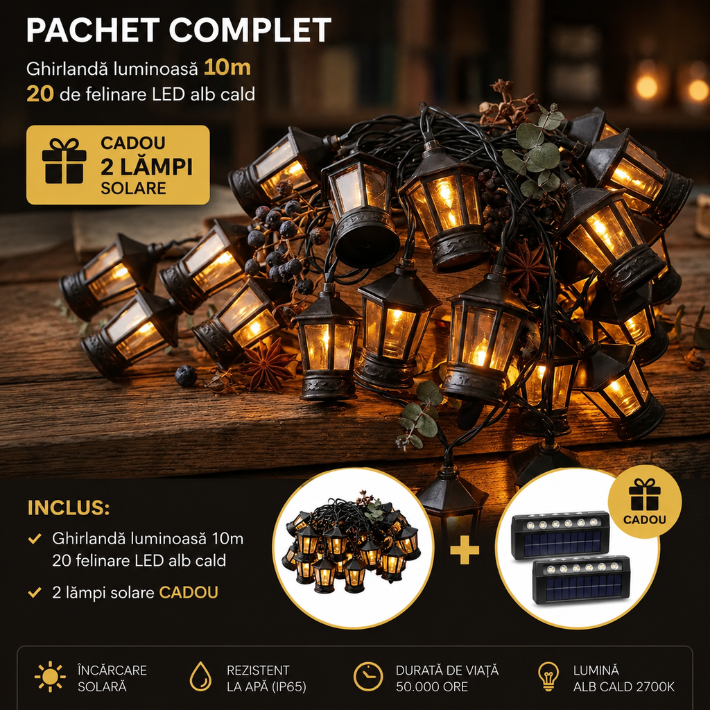PACHET PROMOTIONAL !!! Ghirlanda luminoasa INTERCONECTABILA, 10m 20 de felinare + 1 Set Doua lampi solare de perete cu iluminare sus si jos - 12 LED-uri - CADOU !!!