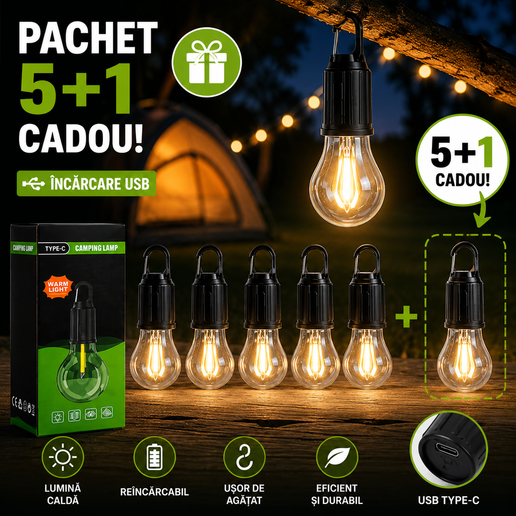 PACHET PROMOTIONAL !!! Bec portabil pentru camping cu incarcare USB, 5+1 GRATIS !!!