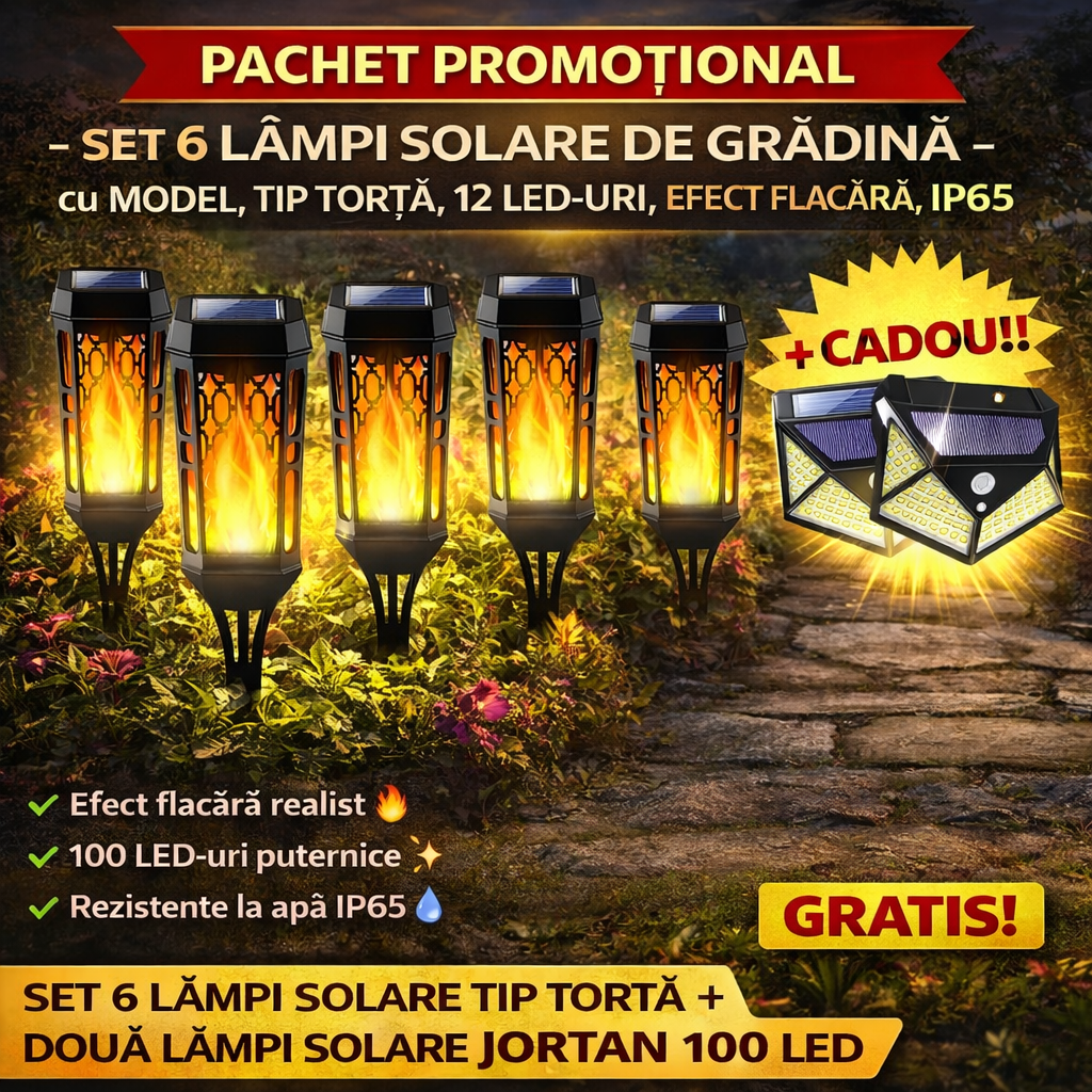 PACHET PROMOTIONAL - SET 6  Lampi Solare de Gradina cu Model , Tip Torta, 12 LED-uri, Efect Flacara, IP65 + Doua lampi solare JORTAN 100 LED - CADOU !!!