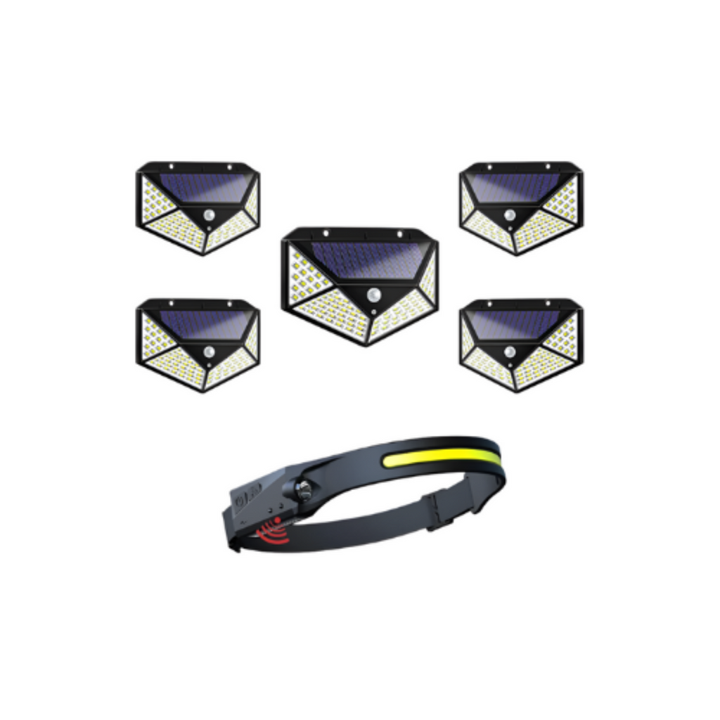 5 X Lampa Solara 100 Led-uri Cu Senzor De Miscare + Lanterna De Cap Cu Acumulator Intern, Frontala, Cu