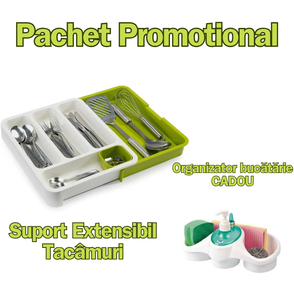 PACHET PROMOTIONAL !!! Organizator extensibil de tacamuri pentru sertar + Suport organizator pentru bucatarie: burete, detergent si accesorii CADOU !!!