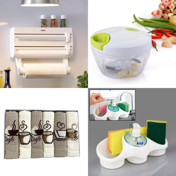 PACHET PROMOTIONAL BUCATARIE !!! Triplu dispenser de bucatarie, Mini tocator manual cu snur, Suport organizator pentru bucatarie: burete, detergent si accesorii + 1 set 6 Prosoape de bucatarie CADOU !!!