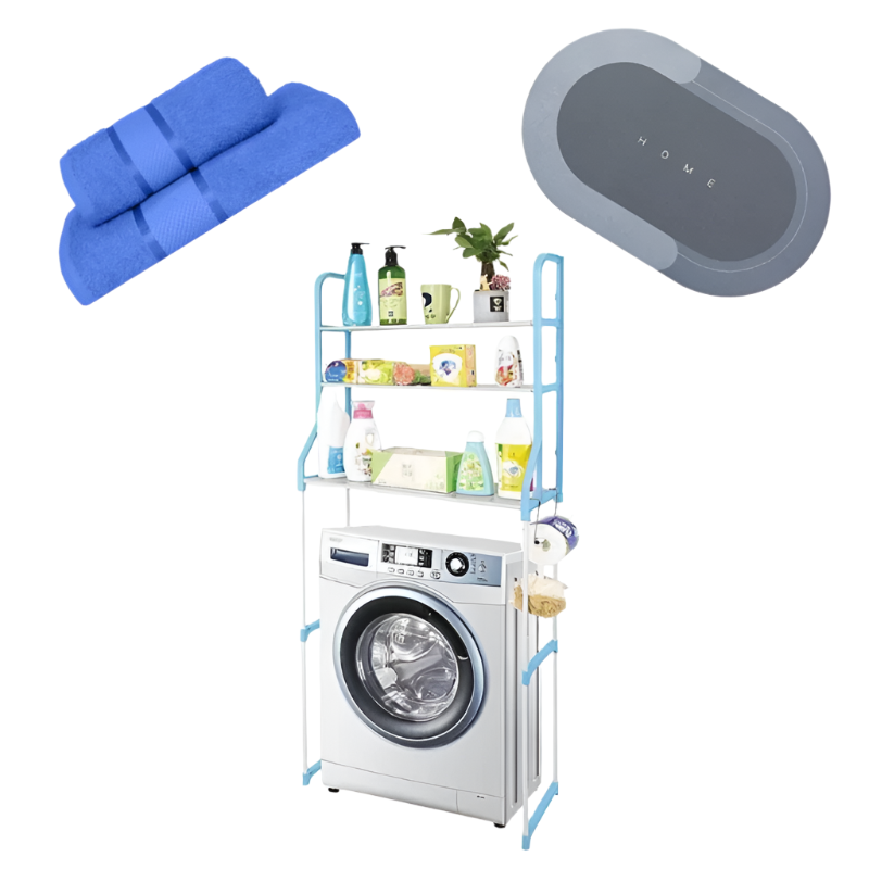 Raft de depozitare pentru mașina de spălat cu 3 niveluri + set de prosoape de bumbac și covoraș de baie gratuit