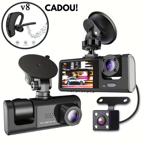 PACHET PROMO !!! Camera auto tripla FullHD, 3 camere-fata/spate/interior, ecran 2'', G Senzor + Casca wireless inteligenta - CADOU !!!