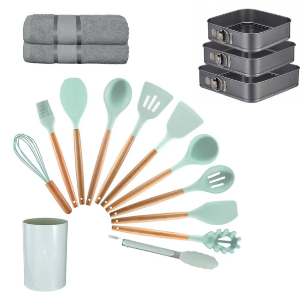 PACHET PROMOTIONAL - Set 12 ustensile de bucatarie din silicon termorezistent si maner din lemn natural + Set 3 tavi forma patrata pentru prajituri sau tort cu fund detasabil + Doua Prosoape din bumbac, de bucatarie - CADOU !!!