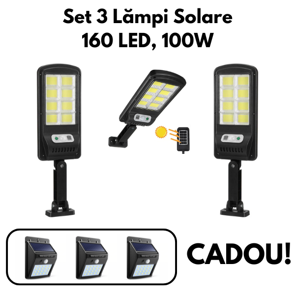 Pachet Promotional: Set 3 Lampi Incarcare Solara, Jortan 100W, 160 LED-uri COB + Set 3 Lampi solare cu senzori de miscare si 20 LED-uri CADOU