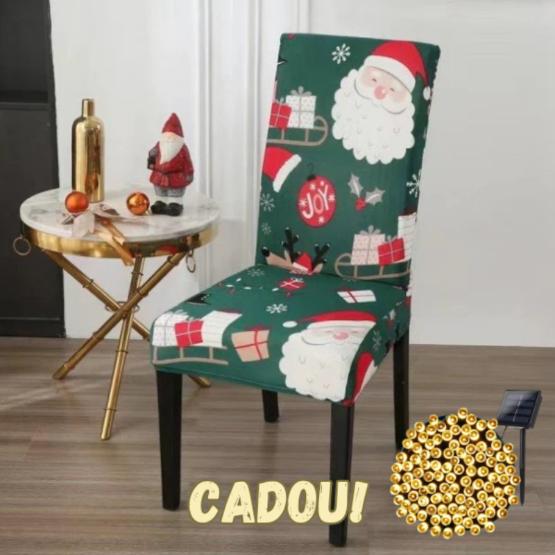 Huse de scaun model Craciun set 6 Buc + Instalatie solara cu 100 Leduri, 10 m Alb Cald - CADOU