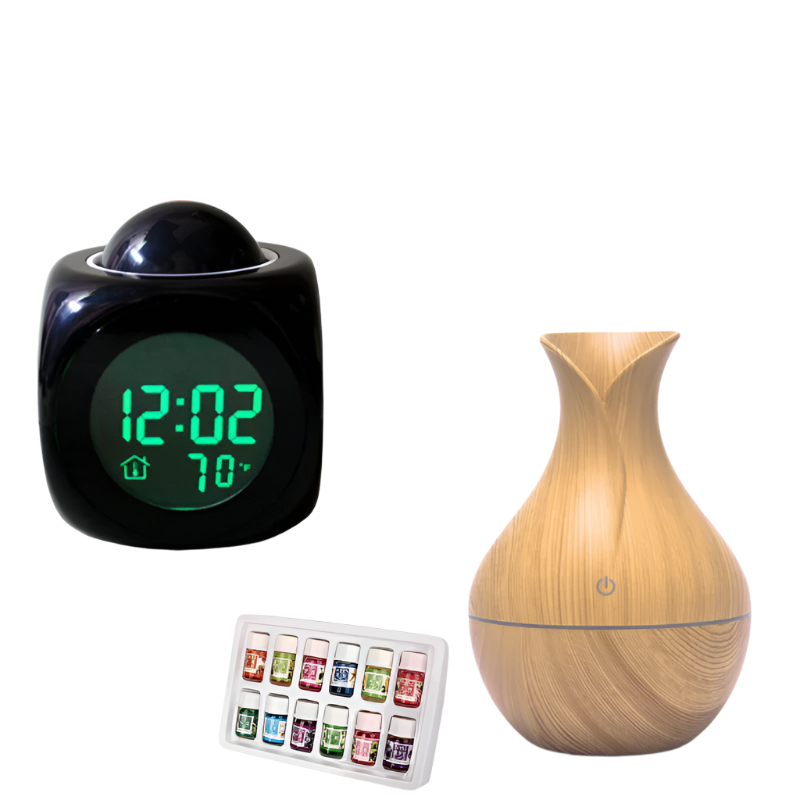 Ceas digital cu proiecție + Umidificator cu ultrasunete în 7 culori + Set gratuit de 12 uleiuri esențiale