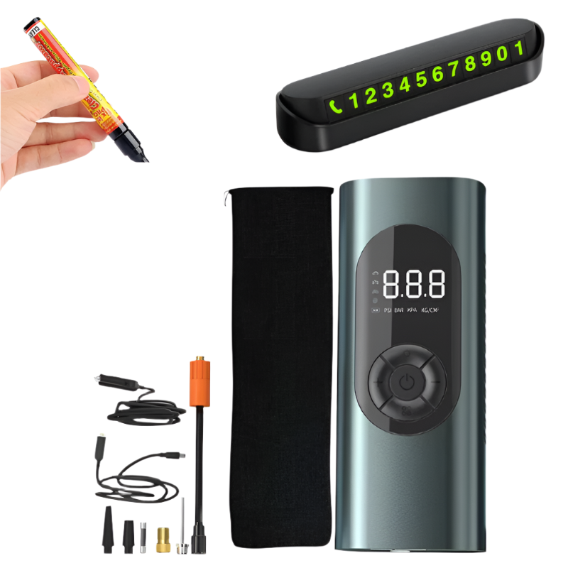 Compresor inteligent auto (150PSI, LED, 4 adaptoare) + stilou auto și afișaj pentru telefon – Cadou gratuit