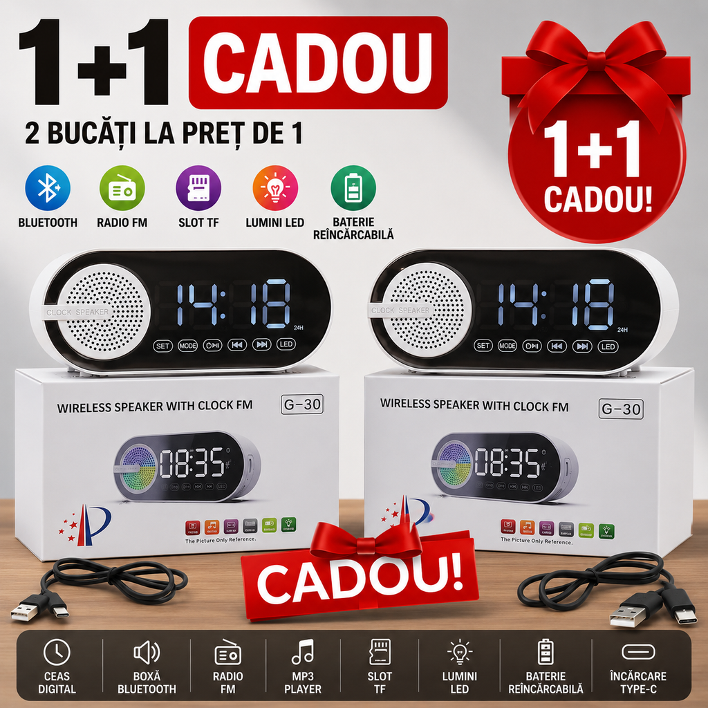 PACHET PROMOTIONAL !!! 1 + 1 GRATIS - Ceas Digital cu Boxa Bluetooth, Alarma, Slot de Card, Sunet Stereo, radio FM/AM Cu Acumulator