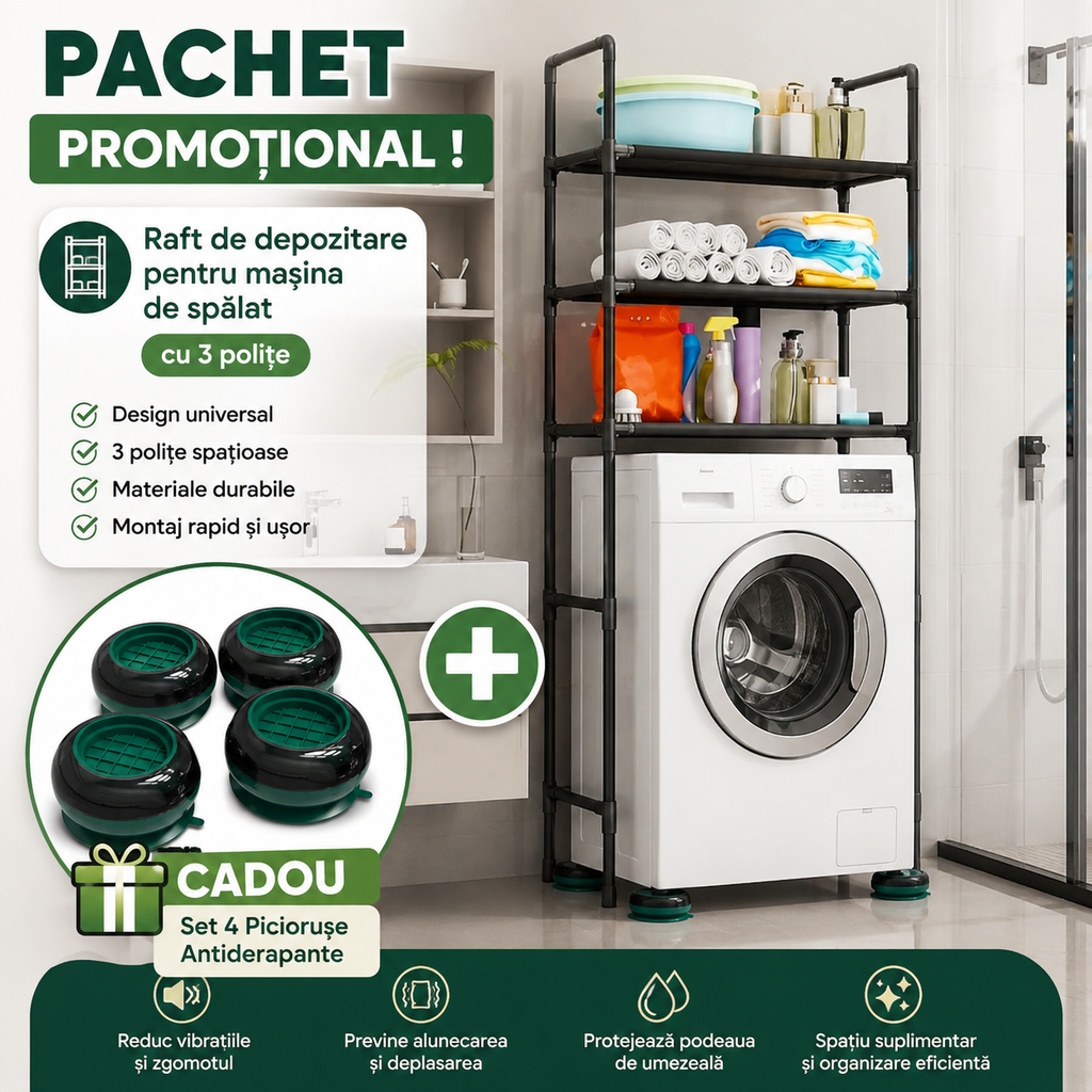 PACHET PROMOTIONAL !!! Raft de depozitare pentru masina de spalat, universal, cu 3 polite + Set 4 Picioruse Antiderapante pentru Masina de Spalat, Verde - CADOU !!!