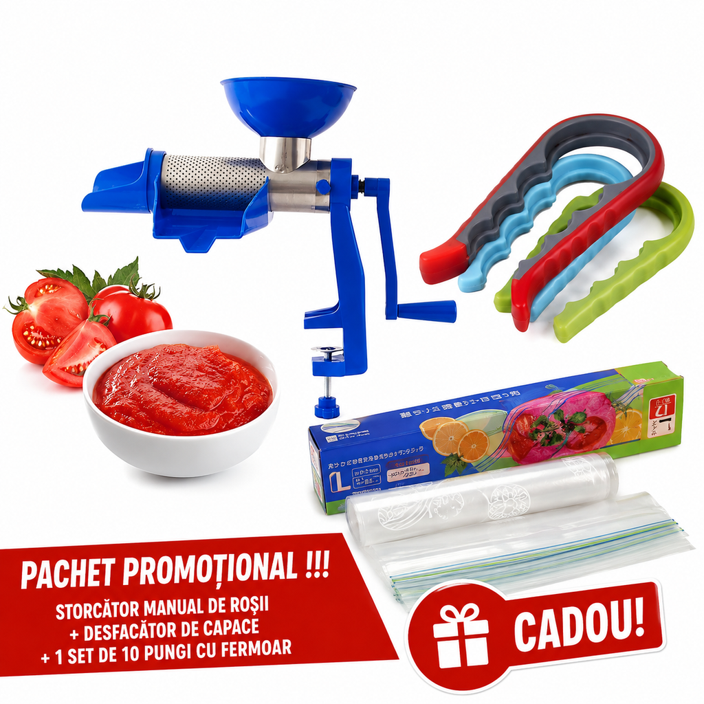 PACHET PROMOTIONAL !!! Storcator Manual de Rosii si Fructe Moi + Desfacator de capace pentru borcane si sticle de marimi diferite și 1 Set de 10 pungi alimentare cu fermoar - CADOU !!!