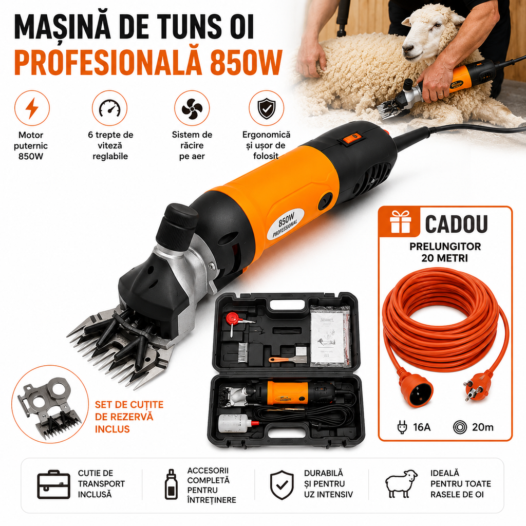 PACHET PROMOTIONAL !!! Mașină de Tuns Oi 850W, Profesională, 6 Trepte de Viteză, + Set Cuțite și Prelungitor 20m - CADOU !!!