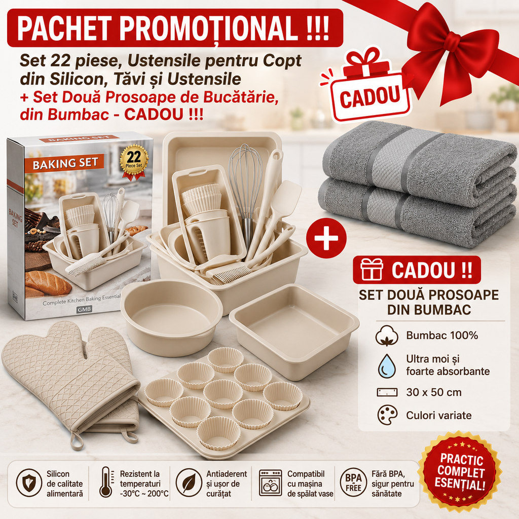 PACHET PROMOTIONAL !!! Set 22 piese, Ustensile pentru Copt din Silicon, Tavi si Ustensile + Set Doua Prosoape de Bucatarie, din Bumbac - CADOU !!!