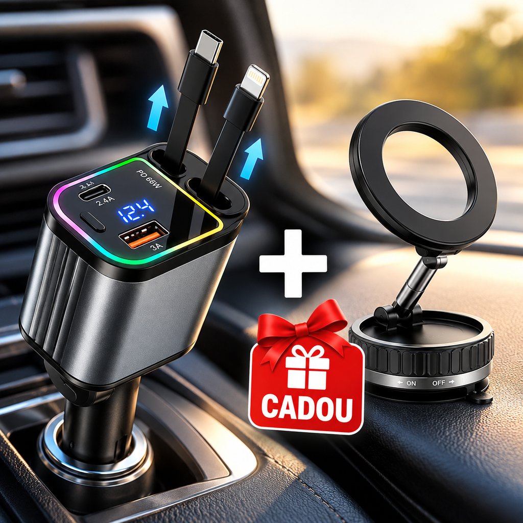 PACHET PROMO !!! Încărcător Auto 4 în 1 Ultra-Rapid 66W, Cabluri Retractabile și Afișaj Digital + Suport de Telefon, Ajustabil, Magnetic - CADOU !!!