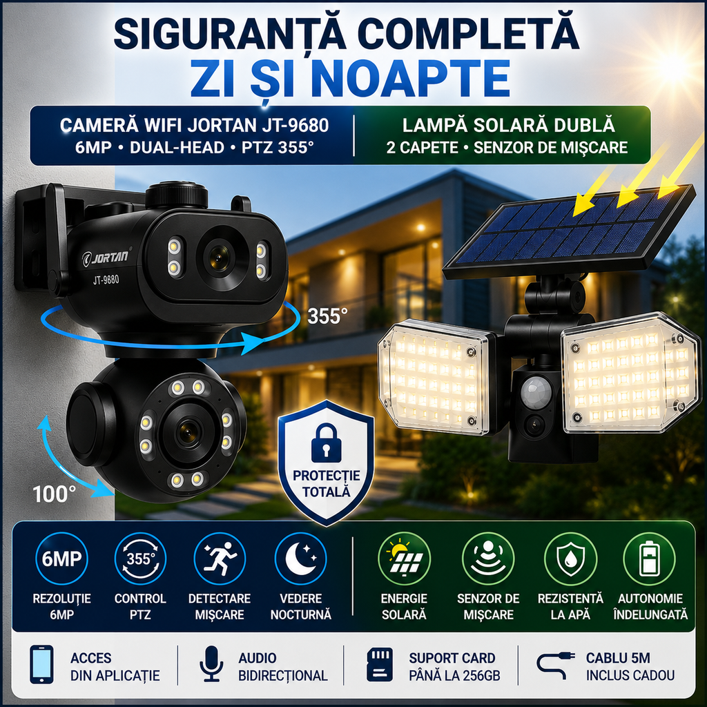 PACHET PROMOTIONAL !!! Camera Supraveghere WiFi JORTAN JT-9680 6MP, Cablu 5m Inclus  + Lampa solara cu senzor de miscare 78 x LED, 600LM , 120 grade SH-078 - CADOU !!!