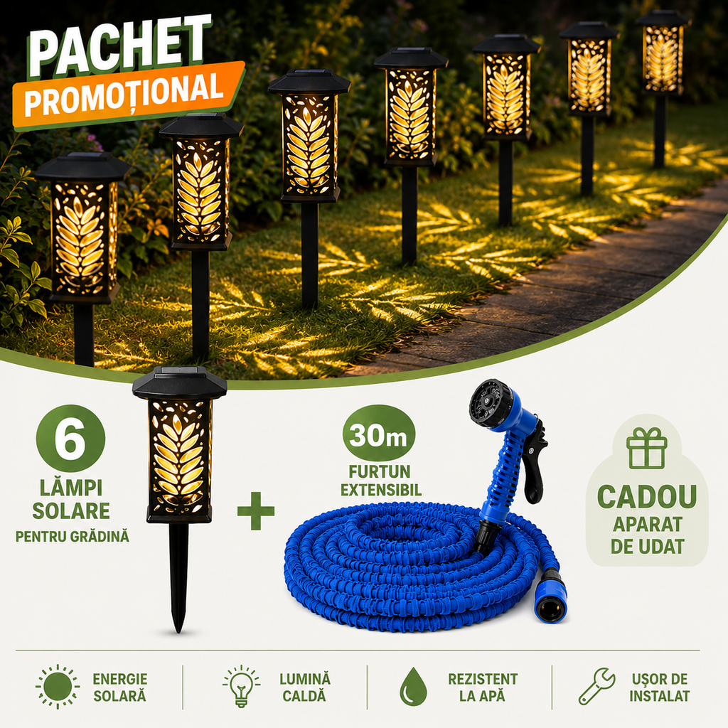 PACHET PROMOTIONAL !!! Set 6 Lampi Solare Gradina LED Lumina Calda + Furtun Extensibil de Gradina 30m + Aparat de Udat - CADOU !!!