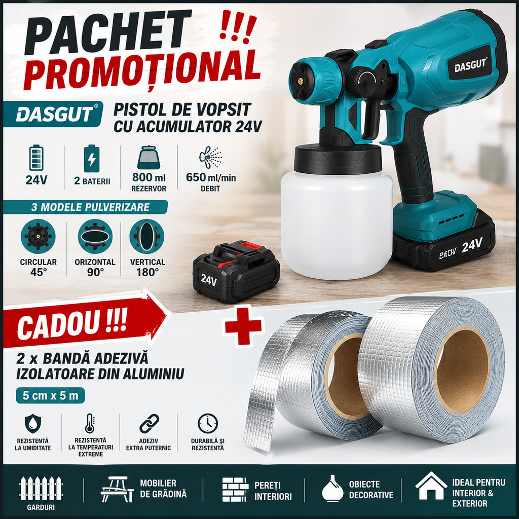 PACHET PROMOTIONAL !!! Pistol de Vopsit cu Acumulator DASGUT 24V, 2 Baterii, Rezervor 800 ml, Debit 650 ml/min + Doua Benzi adezive izolatoare din aluminiu, 5 cm x 5 m - CADOU !!!