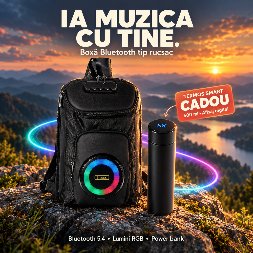 PACHET PROMO !!!  Boxă portabilă tip rucsac, Bluetooth 5.4, lumini RGB, FM, TWS, power bank  +  Termos smart cu afisaj LCD, 0,5 litri - CADOU !!!