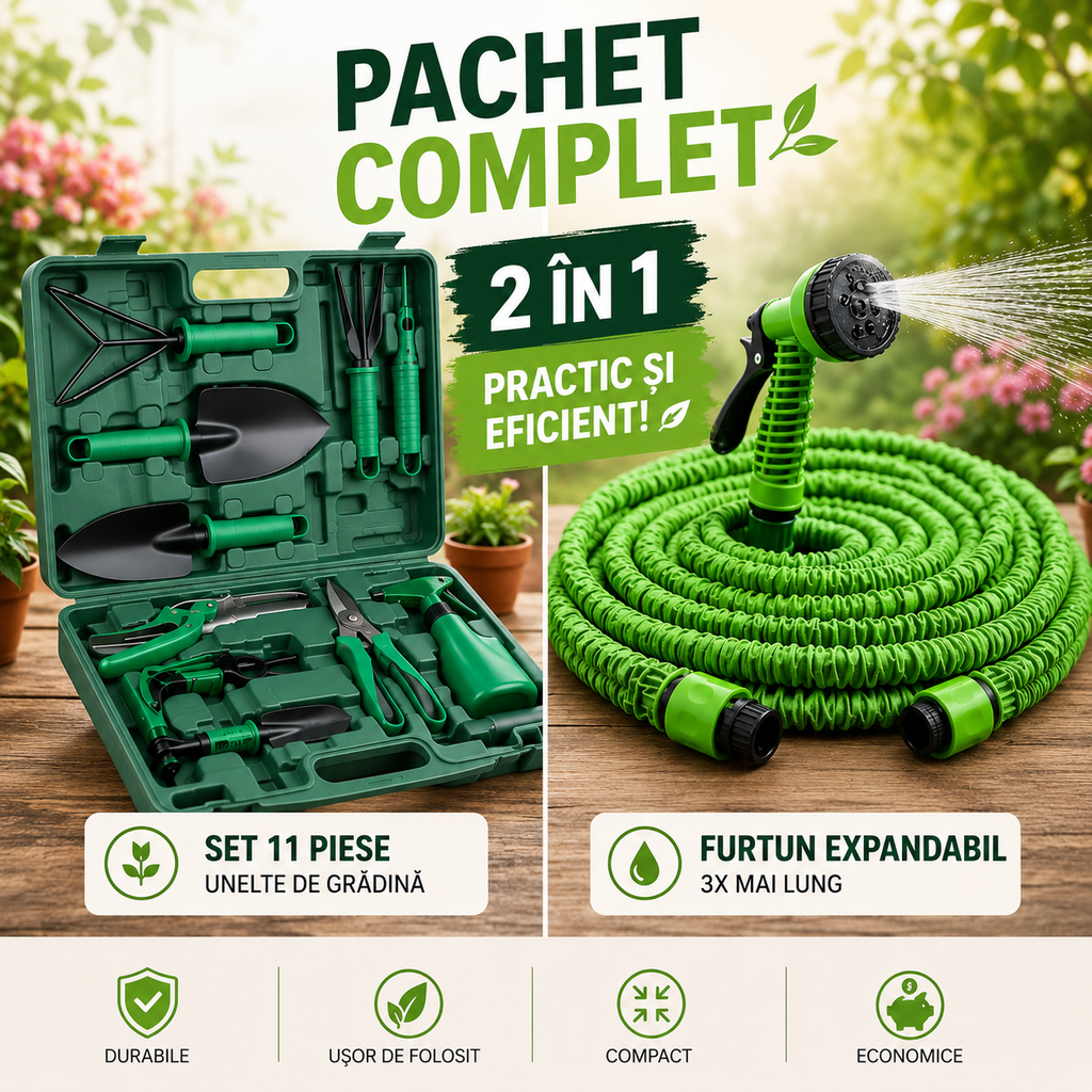 PACHET PROMOTIONAL !!! Trusa 10 unelte pentru gradinarit, cutie suport inclusa + Furtun de gradina extensibil 30m cu dispozitiv de udat inclus