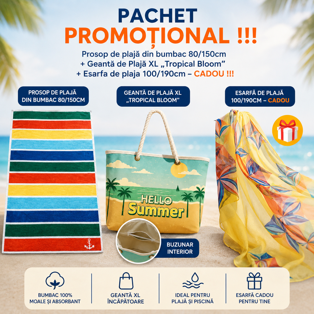 PACHET PROMOTIONAL !!! Prosop de plaja din bumbac 80/150cm + Geantă de Plajă XL „Tropical Bloom” + Esarfa de plaja 100/190cm - CADOU !!!