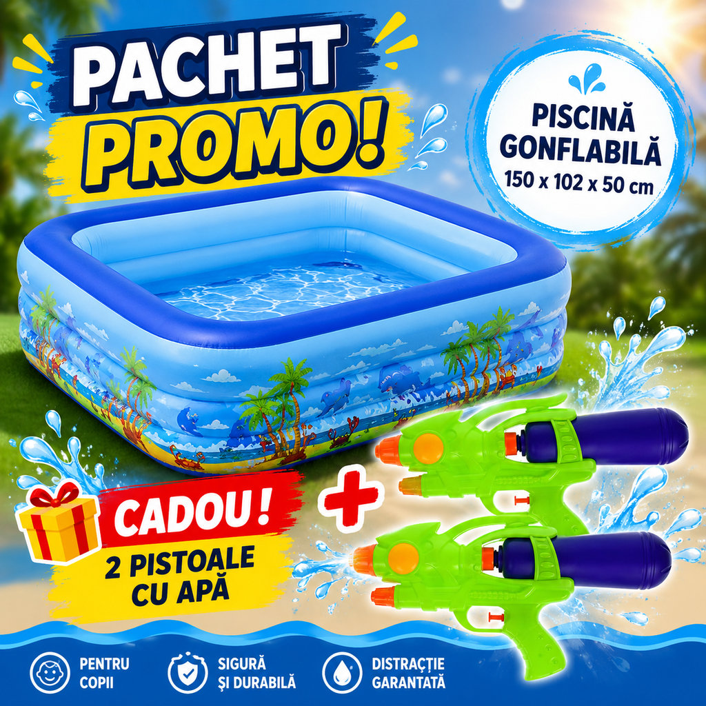 PACHET PROMO !!! Piscina Gonflabila pentru Copii, Model Dreptunghiular, Podea moale gonflabila, 3 Inele, Multicolora + Doua Pistoale cu apa de jucarie, rezervor 200 ml - CADOU !!!