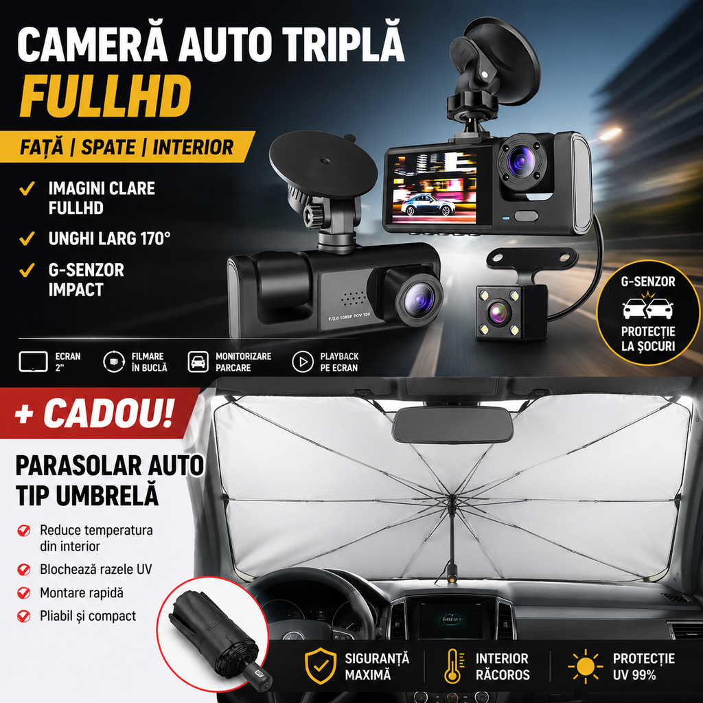 PACHET PROMOTIONAL !!! Camera auto tripla FullHD, 3 camere-fata/spate/interior, ecran 2'', G Senzor + Parasolar Auto tip Umbrela - CADOU !!!