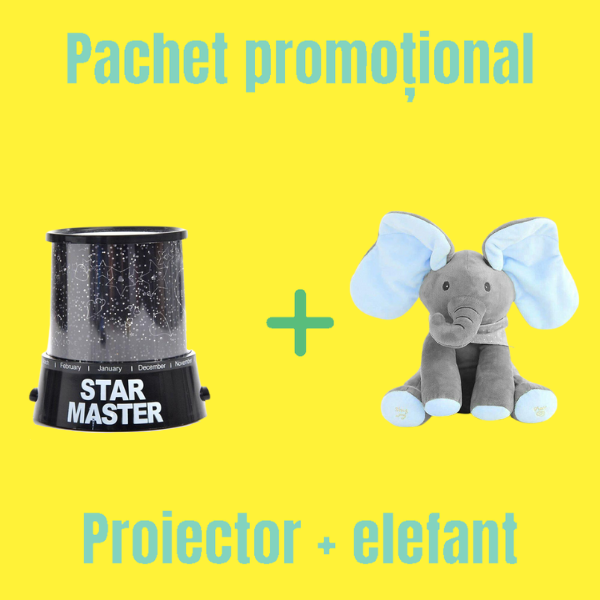 Pachet promotional Jucarie interactiva Elefant Cucu Bau + Proiector StarMaster cu stelute multicolore CADOU